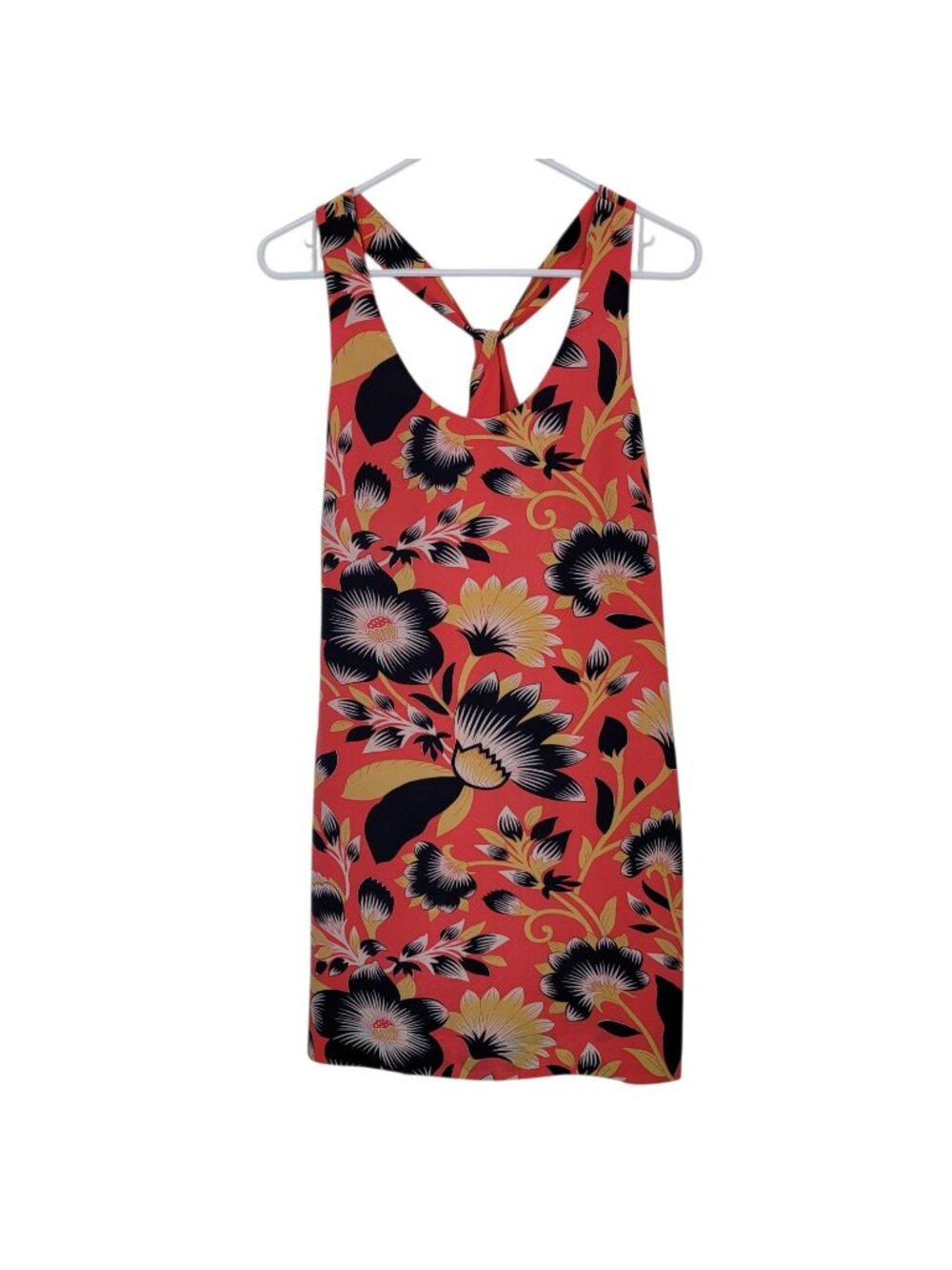 J. Crew 100% Silk Dress Twist Back Vibrant Coral Hibiscus Pattern Sz 2 Festival